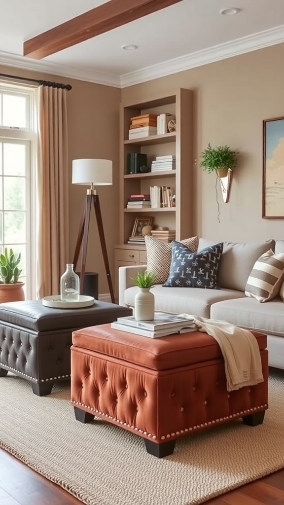 Cozy living room with storage ottomans and a sofa