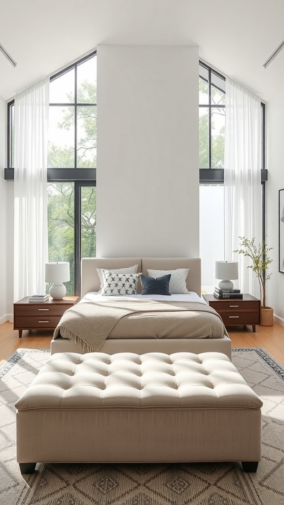A stylish storage ottoman at the foot of a bed in a modern bedroom