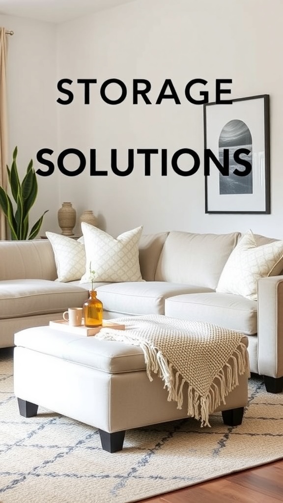 Cozy living room with a storage ottoman, couch, and decorative pillows