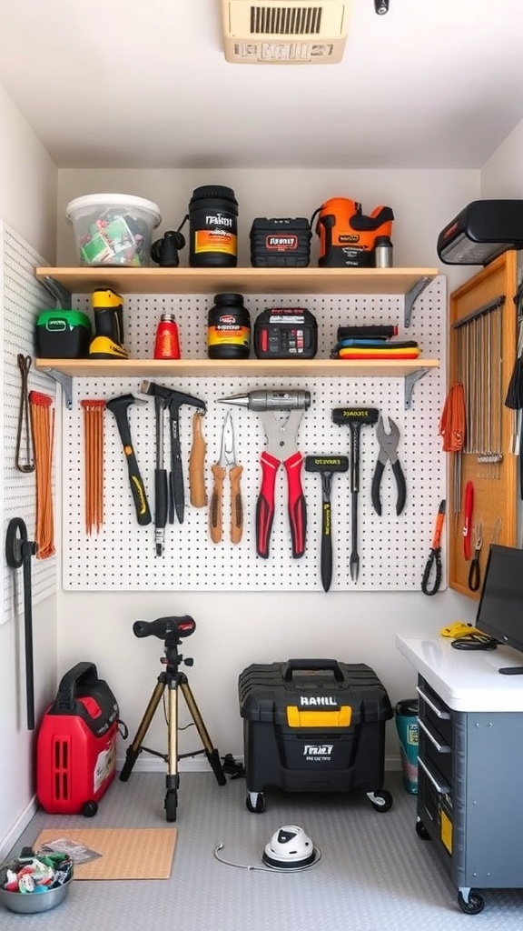 Organized toolkit setup with tools on a pegboard and shelves in a small space.