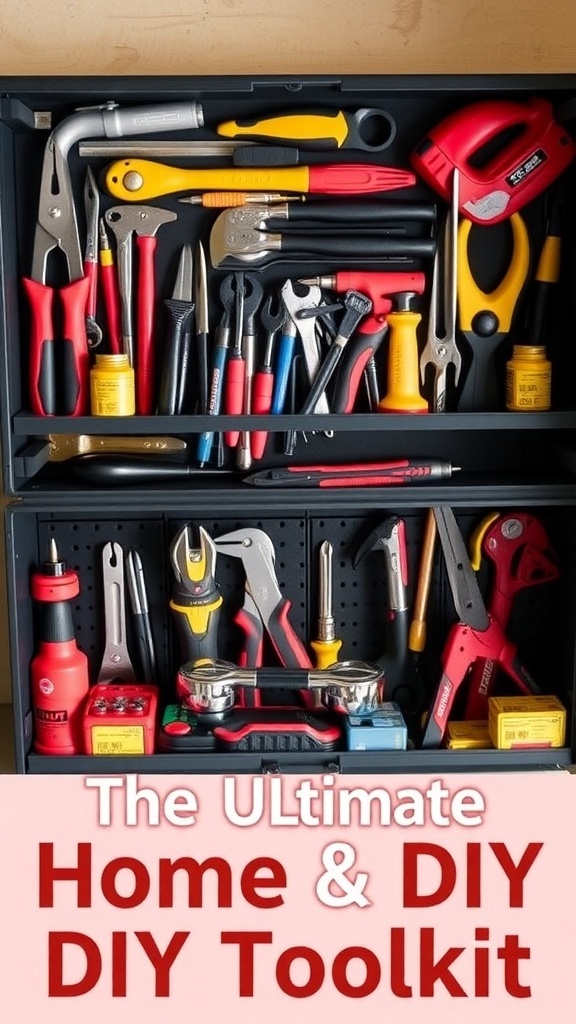 A well-organized toolkit with various tools including pliers, wrenches, and screwdrivers.