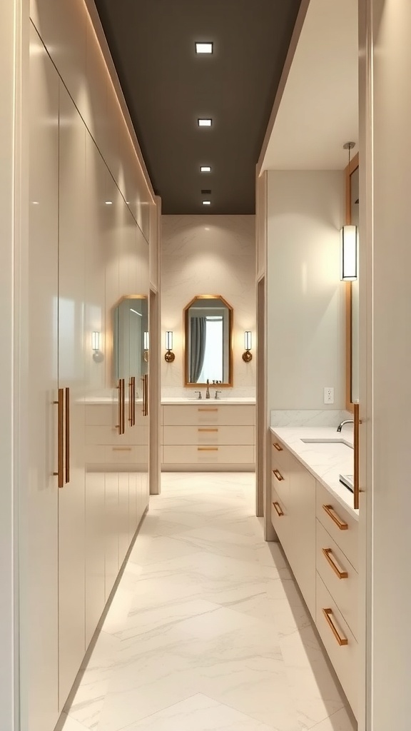 A straight walk-through closet leading to a bathroom, featuring elegant cabinetry and mirrors.