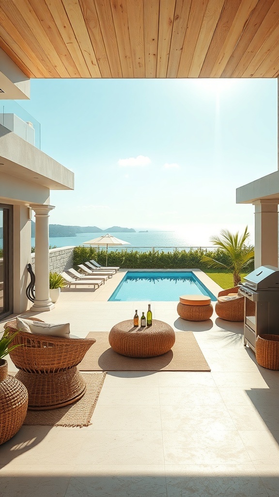 Terrasse mit Meerblick, Rattanmöbel und Pool