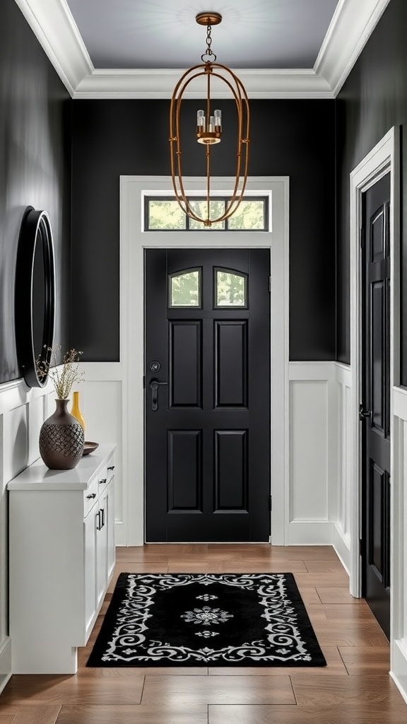 A stylish hallway featuring black and white contrasts with modern artwork and elegant lighting.