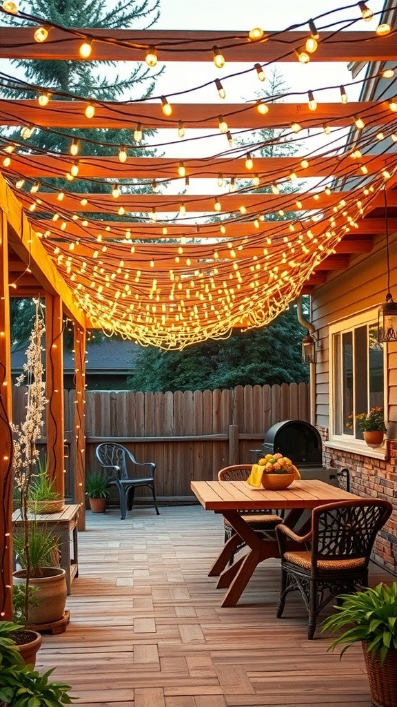 A cozy outdoor patio with a string light canopy overhead, featuring a wooden dining table and potted plants.
