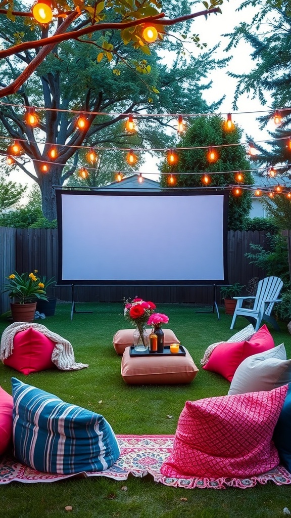 A cozy outdoor cinema setup with string lights, colorful pillows, and a movie screen.