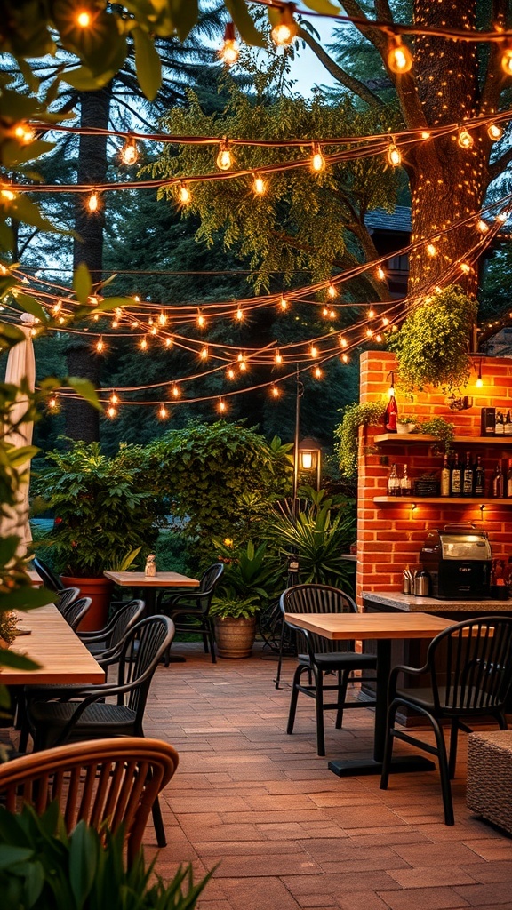 Outdoor coffee bar with string lights overhead creating a cozy atmosphere.