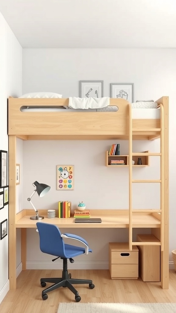 Loft bed with a study desk underneath, featuring a lamp, bookshelves, and a cozy chair.