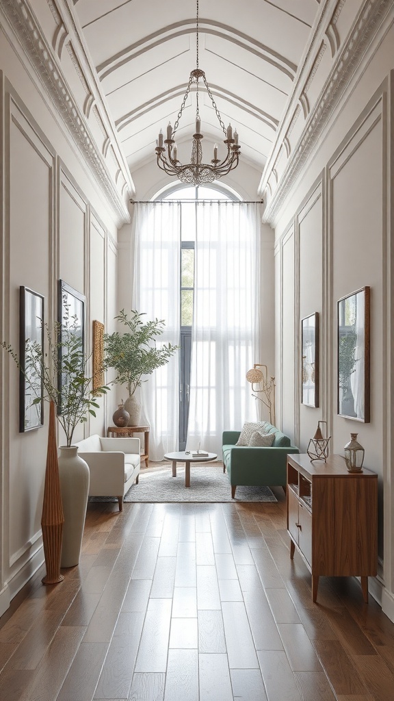 Stylischer Flur mit modernen Möbelstücken und Pflanzen