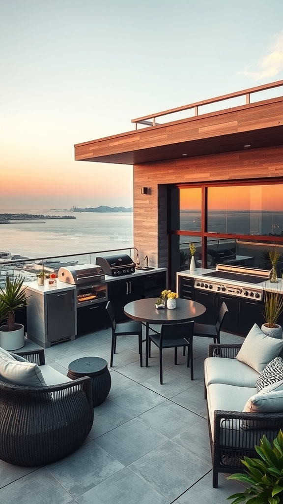 Moderne Outdoor-Küche auf einer Dachterrasse mit Grill und Sitzgelegenheiten