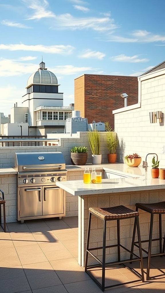 Moderne Outdoor-Küche auf einer Dachterrasse mit Grill und Sitzgelegenheiten