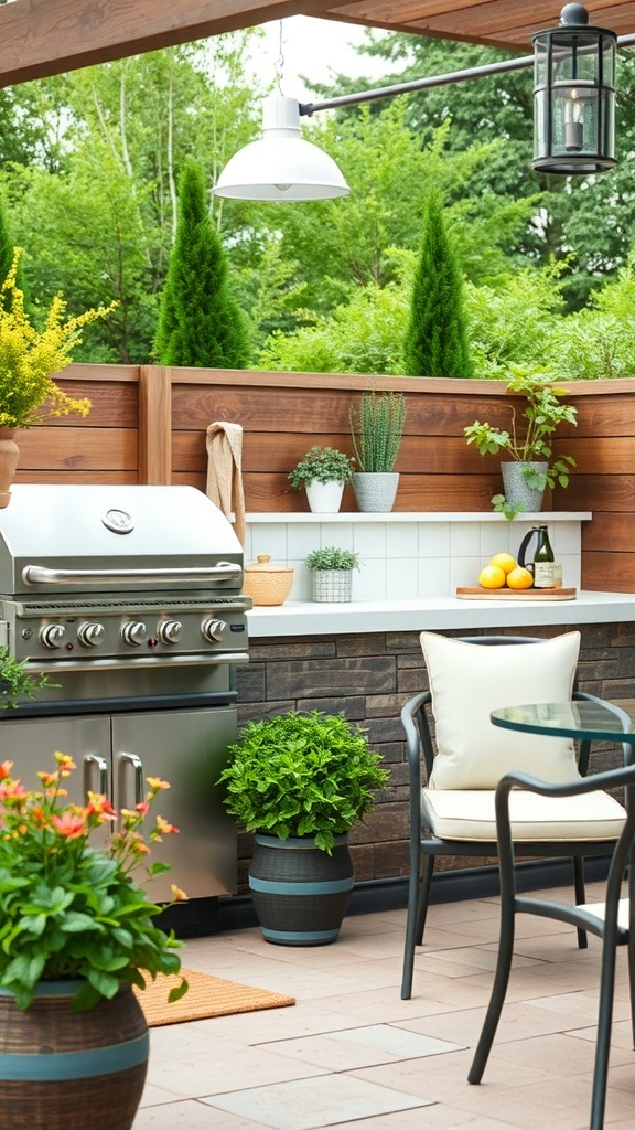 Stylische Outdoor-Küche mit Grill und Pflanzen