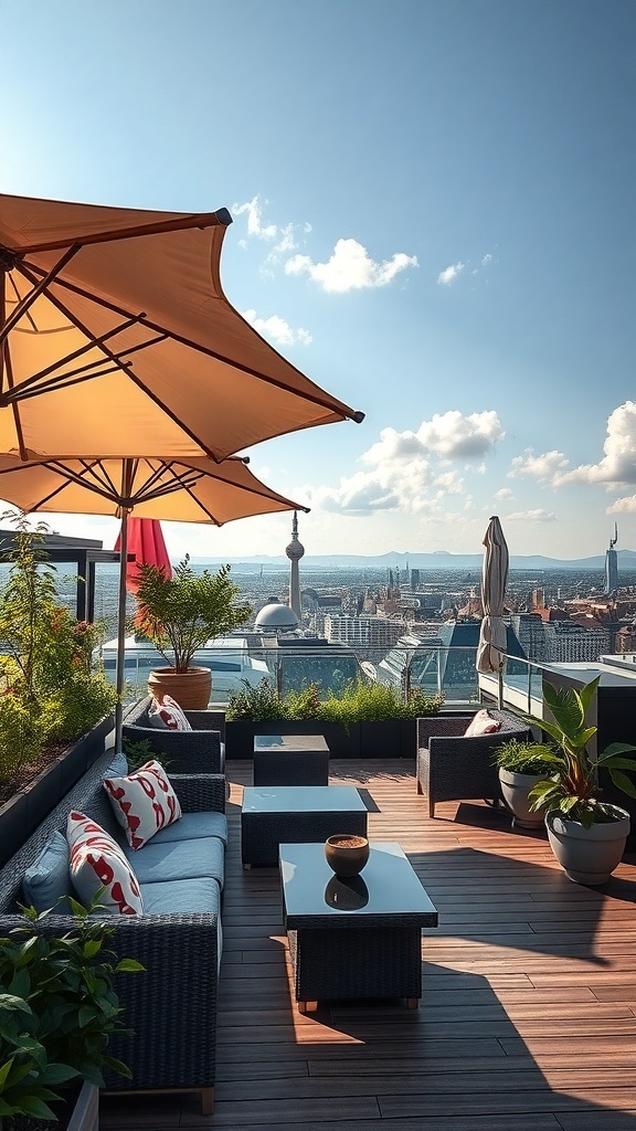Stylischer Dachgarten mit Sonnenschirmen und gemütlichen Sitzmöbeln