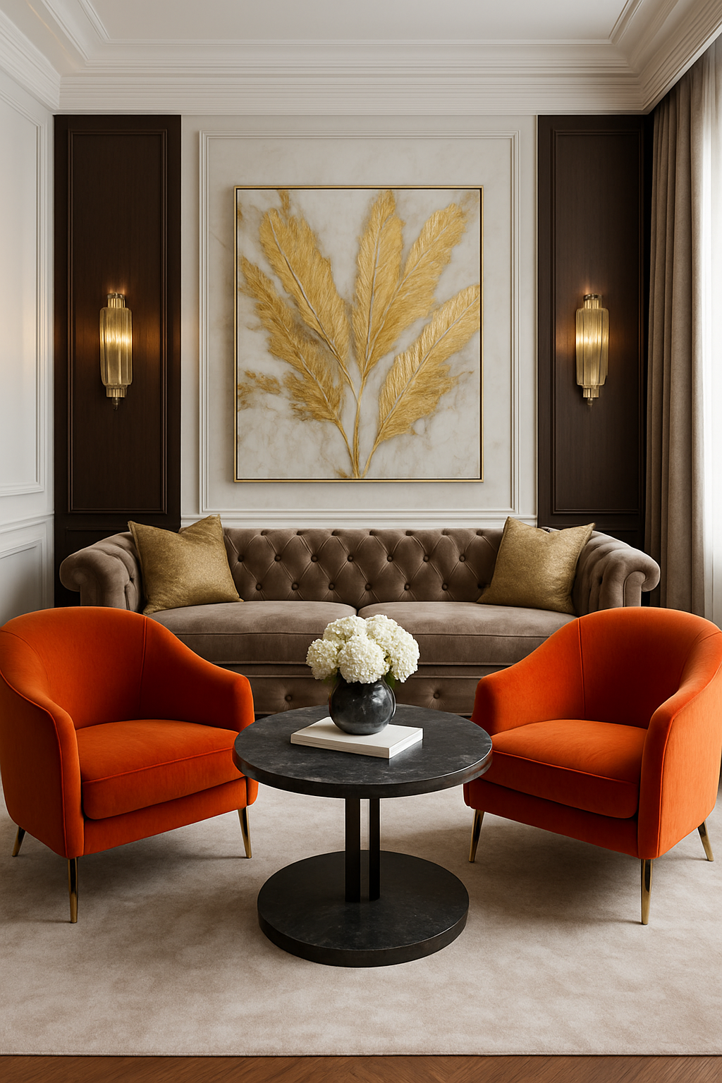 Stylish accent chair in a luxurious living room with large windows and a staircase.