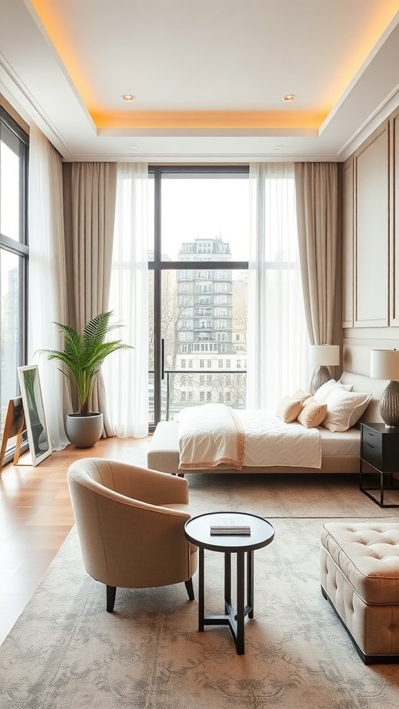 A stylish bedroom featuring an armchair, side table, and ottoman, with large windows allowing natural light.