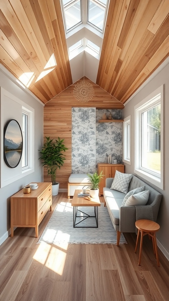 Stylische Akzentwand in einem modernen Tiny House mit Holzverkleidung und Tapete
