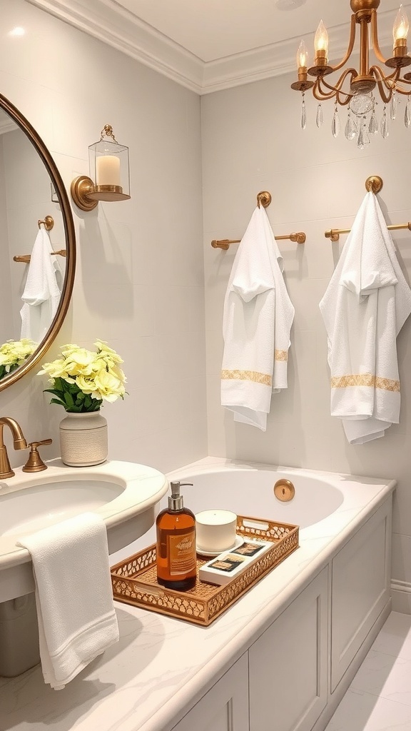 A stylish bathroom featuring white towels, a framed artwork, a wooden tray with toiletries, and a potted orchid.