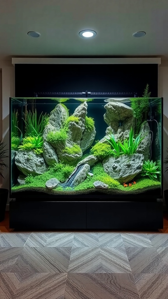 Stylish aquascaped aquarium with rocks and plants