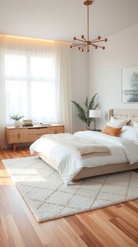 A cozy bedroom featuring a stylish area rug, wooden flooring, and soft bedding.