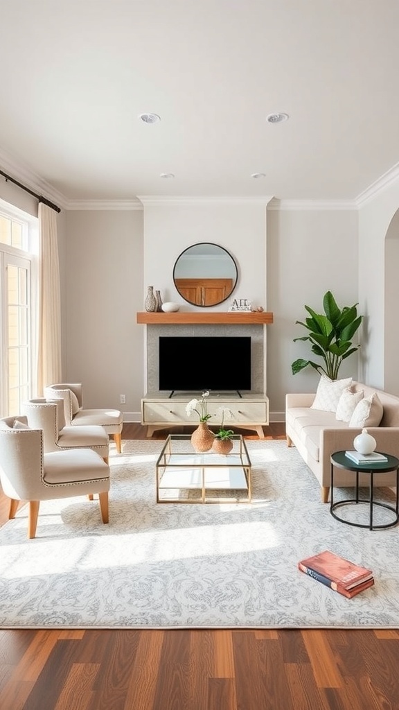 A stylish living room featuring a light-colored area rug, comfortable seating, and a modern decor.