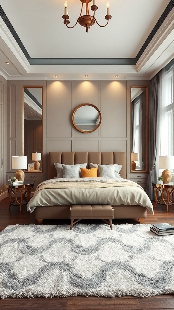 A modern bedroom featuring a plush area rug with a wavy pattern, a stylish bed, and elegant decor.