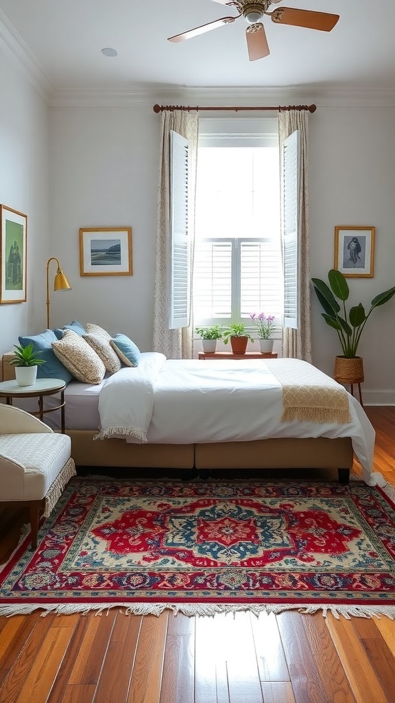 A stylish bedroom featuring a beautiful area rug with intricate patterns in red and blue, complemented by soft bedding and wooden flooring.