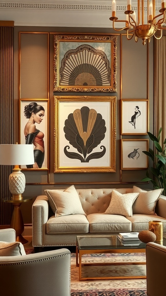 A vintage Art Deco living room featuring elegant decor, warm curtains, and a striking painting.