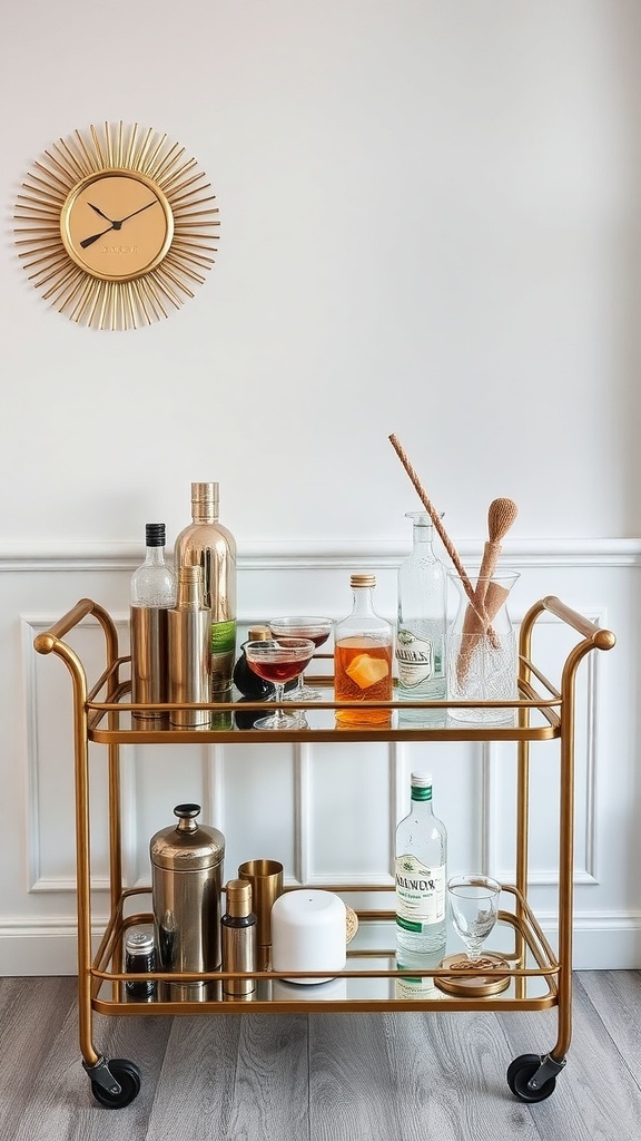 A stylish gold bar cart with various bottles and glassware, set against a light wall with a sunburst clock.