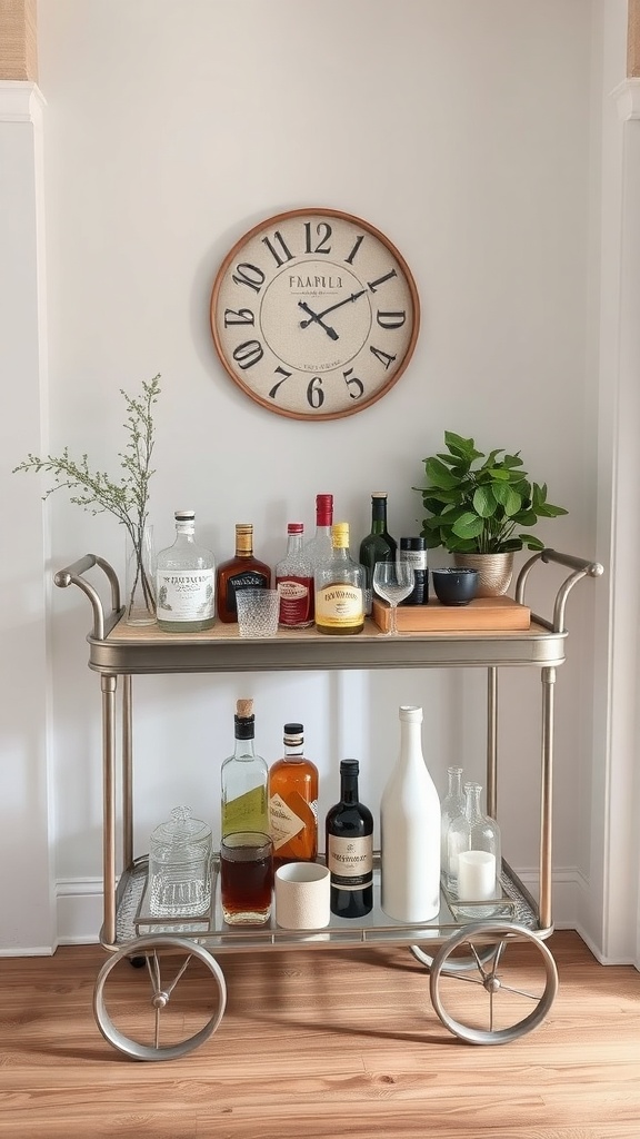 A stylish bar cart with various bottles, glassware, and a plant, set against a light wall with a clock.