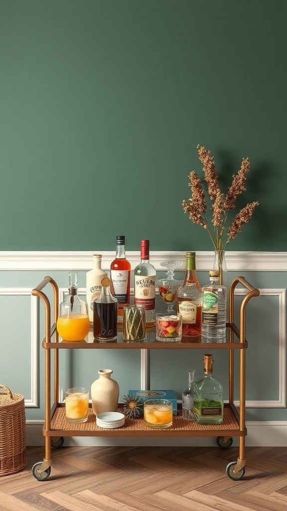 Stylish bar cart with various drinks and decorative items.