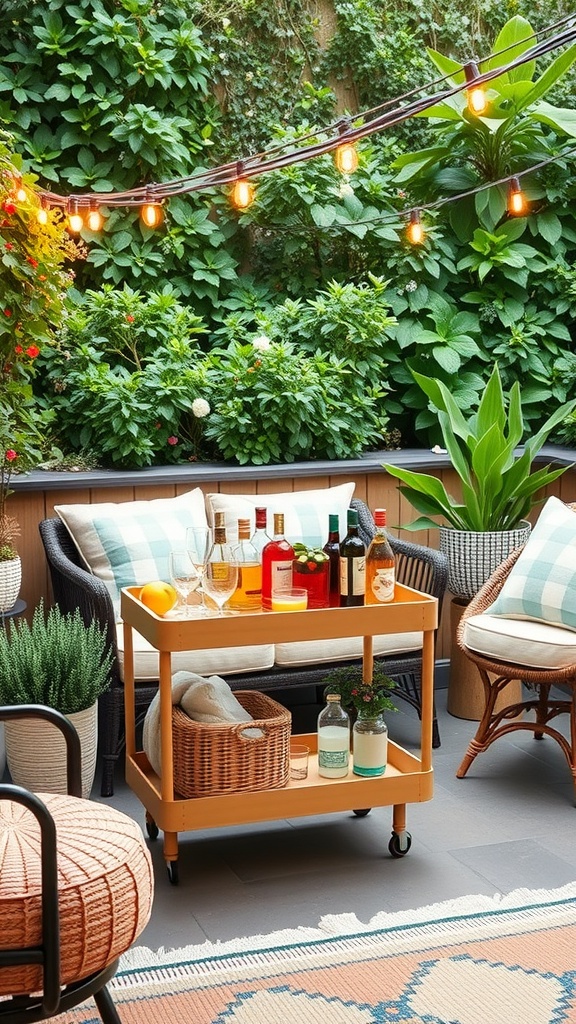 A stylish outdoor bar cart with drinks and glasses, surrounded by greenery and cozy seating.