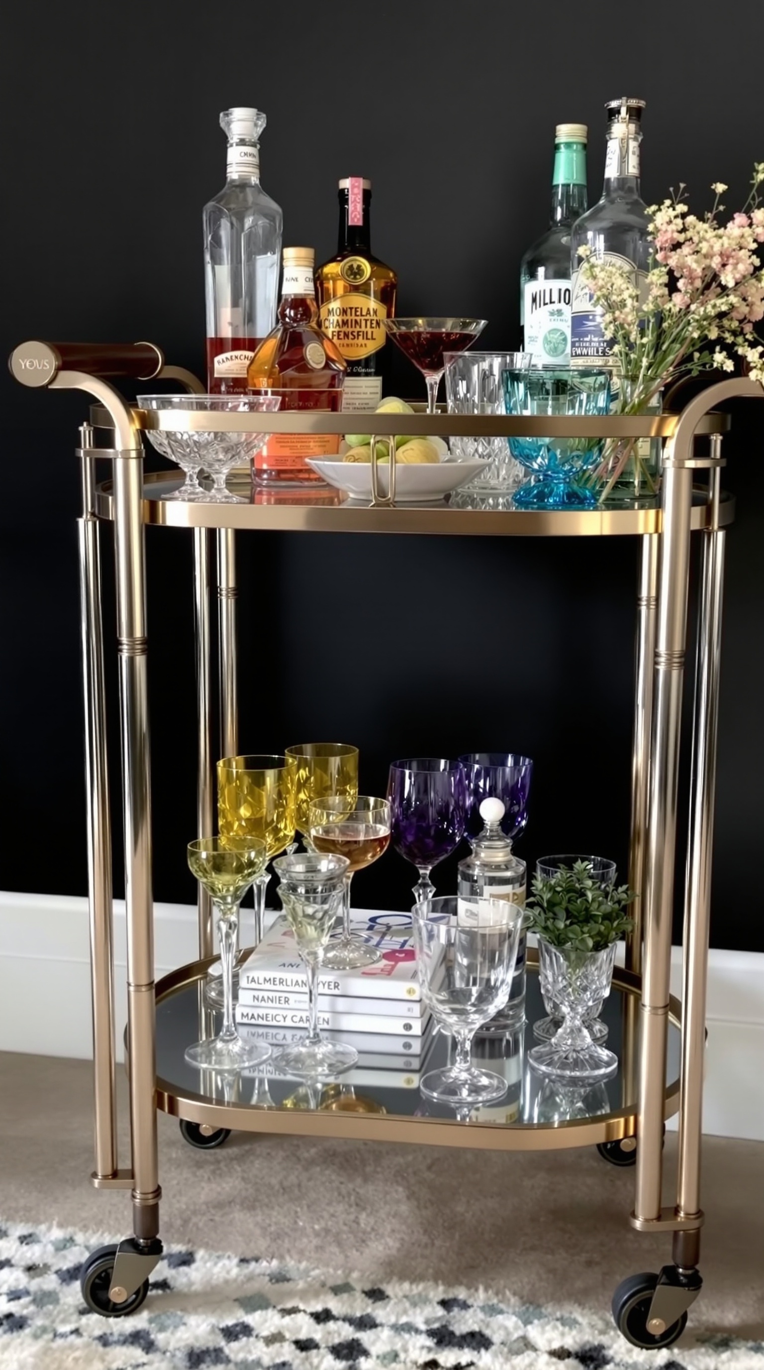 A stylish bar cart with colorful bottles in a vintage living room setting.
