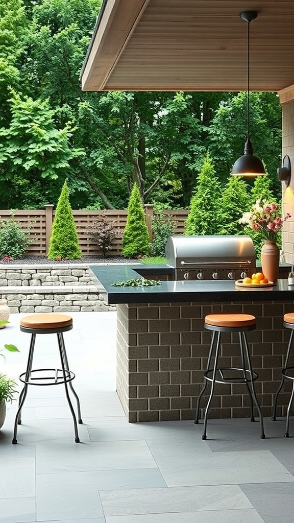 Stylish outdoor grill corner with bar seating and greenery