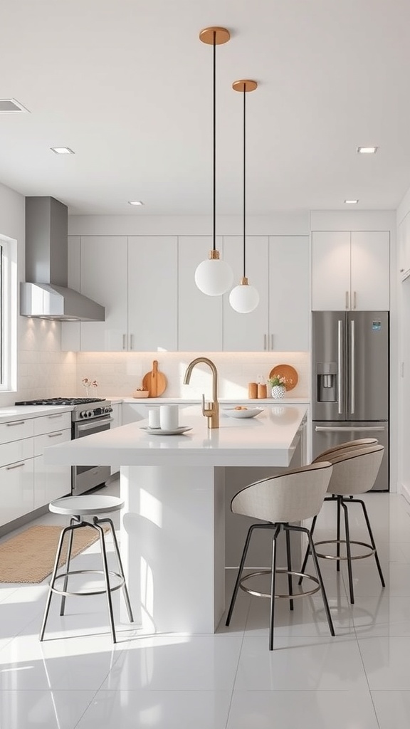 Stylish bar stools in a modern white kitchen with a sleek design.