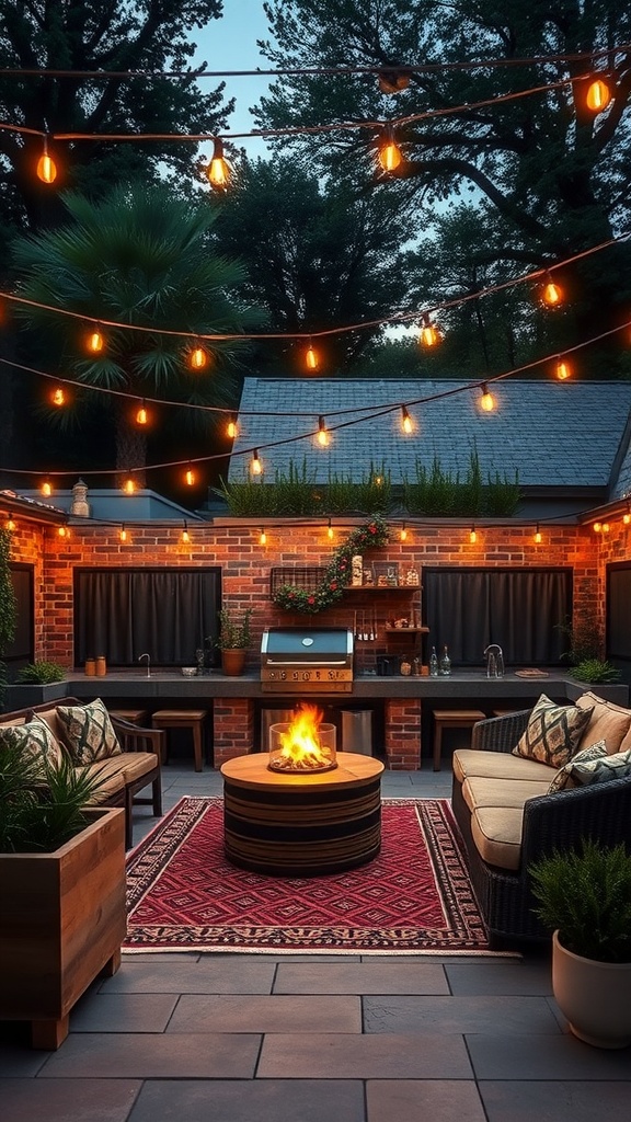 A stylish outdoor barbecue area with string lights, comfortable seating, and a fire pit.