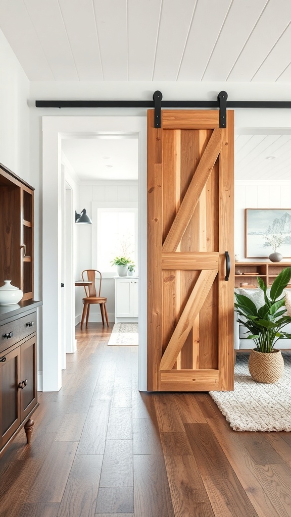 A stylish wooden barn door on a sliding track in a cozy interior setting.