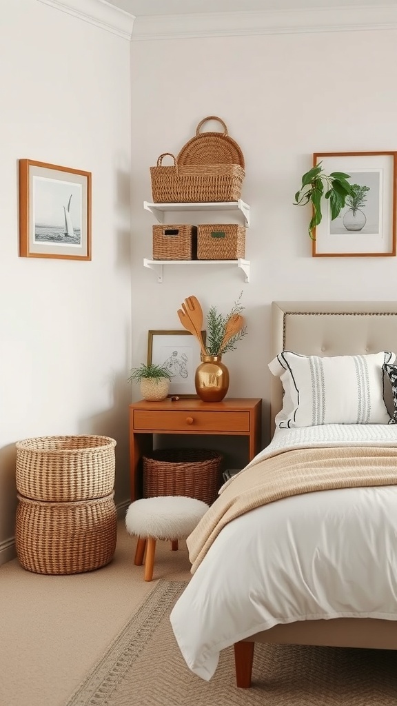 A cozy bedroom featuring stylish baskets and bins for storage.
