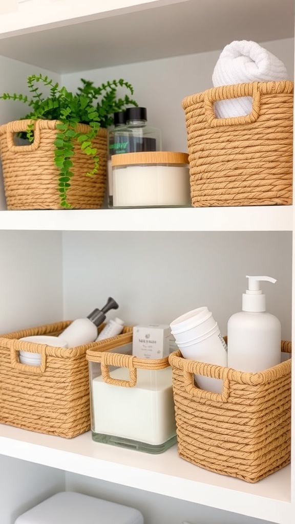 Stylish baskets on a wooden shelf above a toilet in a small bathroom