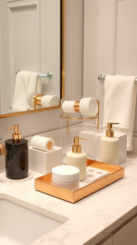A modern bathroom countertop with stylish accessories including towels, soap dispenser, lotion bottle, and a small plant.