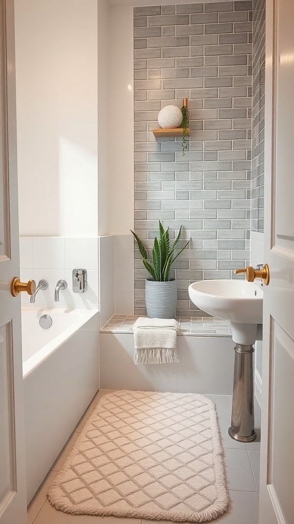 A stylish small bathroom featuring a decorative bath mat, elegant bathtub, and modern decor.