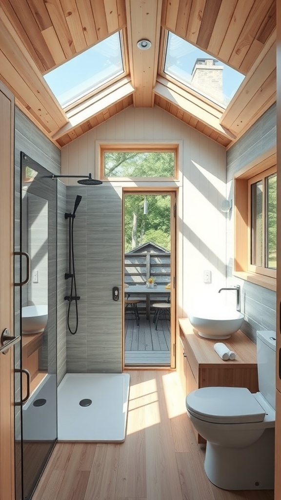 Stylisches Badezimmer in einem Tiny House mit Holzdecke, großen Fenstern und moderner Dusche.