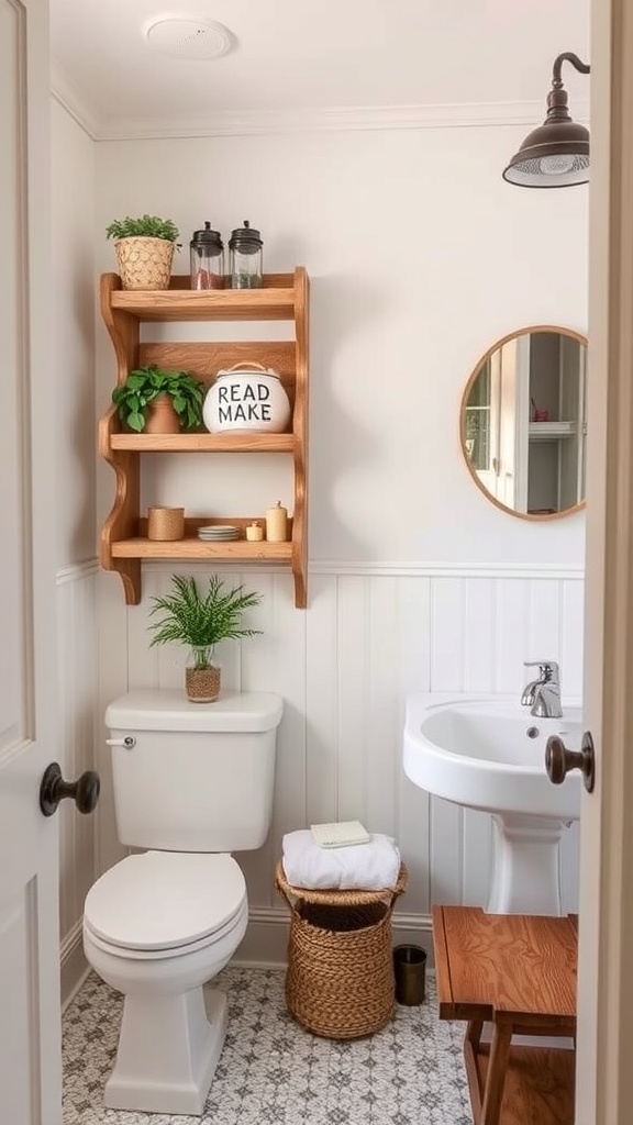 A cozy bathroom with a wooden shelf, round mirror, and decorative plants.