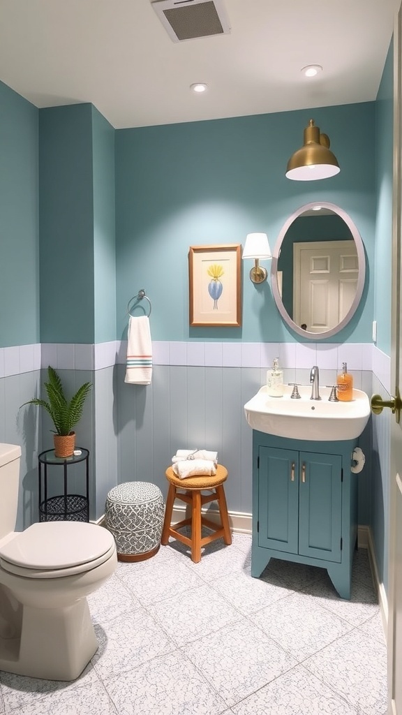 A stylish bathroom featuring blue walls, a round mirror, and elegant fixtures.
