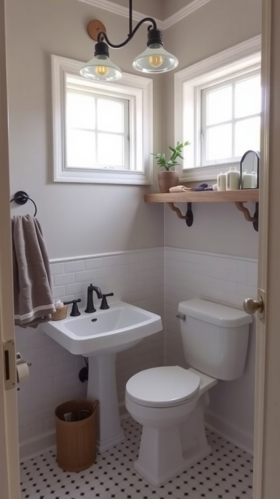 A stylish small bathroom featuring a sink, toilet, wooden shelf with candles, and natural light from windows.