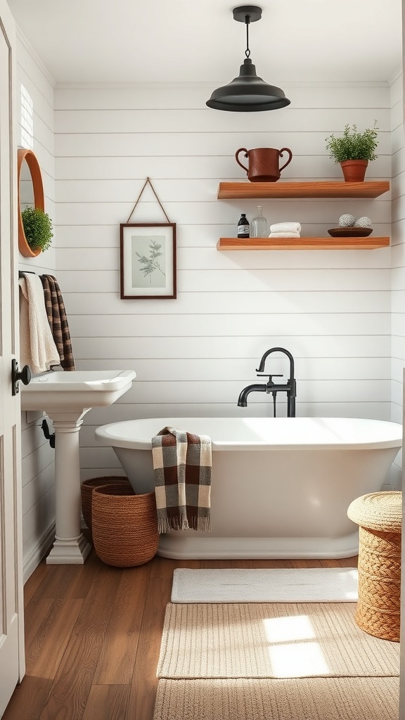 Stylish bathroom featuring shiplap walls, a freestanding tub, wooden shelves with plants, and cozy rugs.
