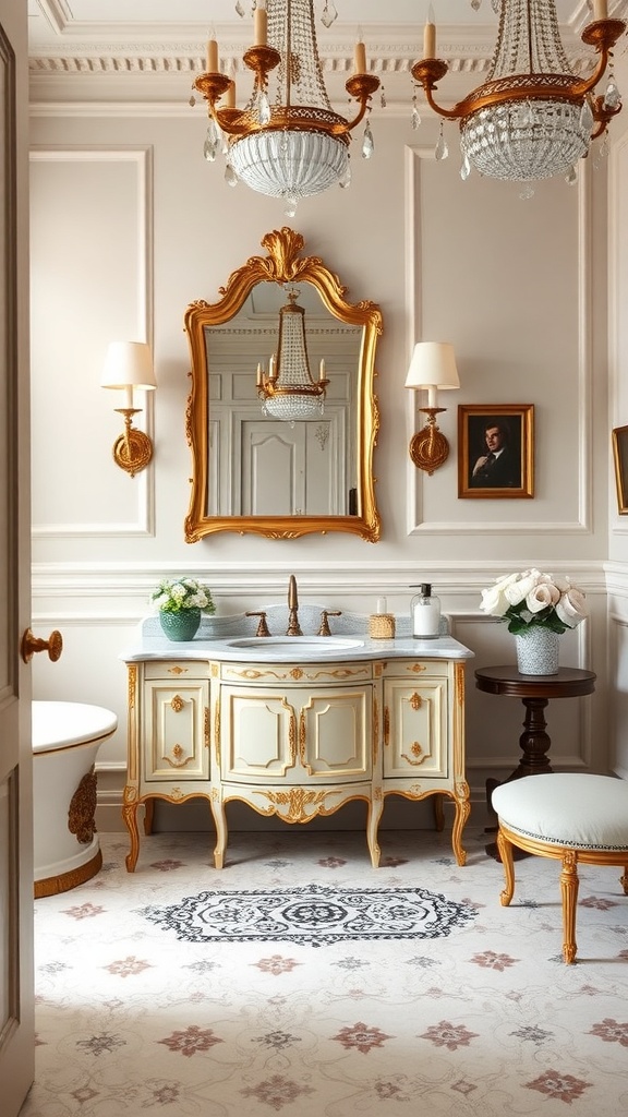 Stylish bathroom featuring vintage fixtures, ornate chandelier, and elegant decor.