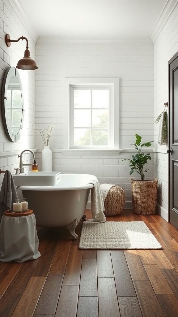 Stylish bathroom featuring a freestanding tub, vintage fixtures, and warm wooden flooring.