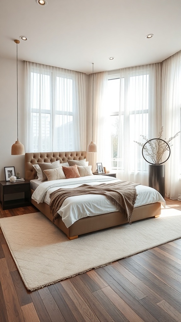 A stylish bedroom featuring a well-made bed with neutral bed linens, decorative pillows, and a cozy throw blanket.