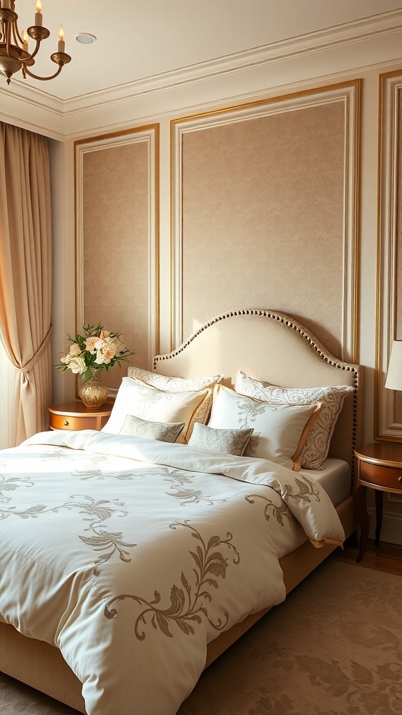 Luxurious Art Deco bedroom with stylish bedding and elegant decor