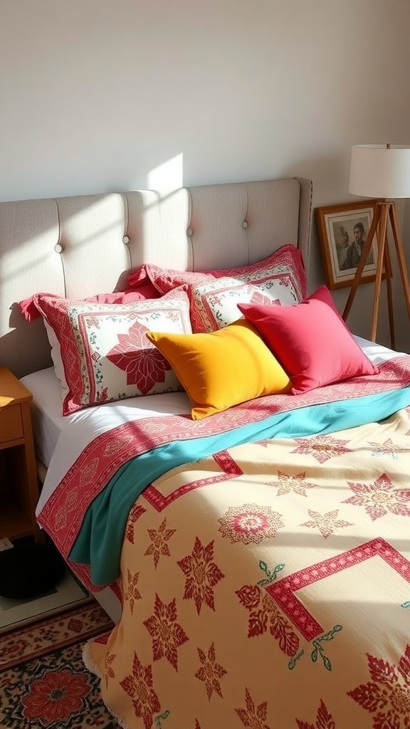 A stylishly made bed with colorful bedding and pillows.